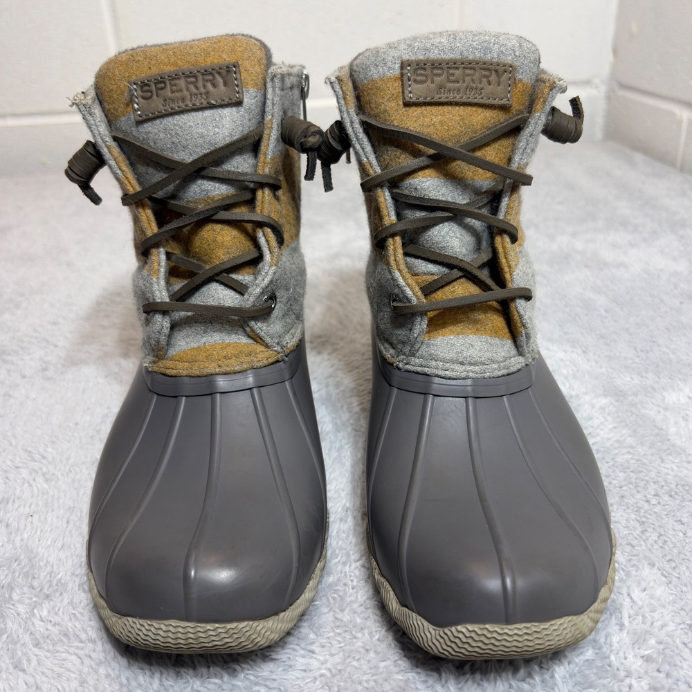 Sperry Saltwater Duck Boots Womens 7.5M Grey Yellow Wool Striped Lace's Zipper